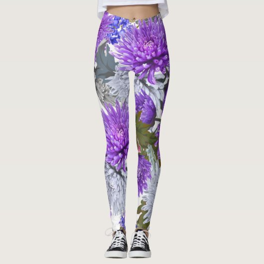 Lila Chrysanthemen Leggings (Vorderseite)