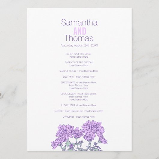 Lila Chrysanthemum-Hochzeitsprogramm Programm (Vorderseite)