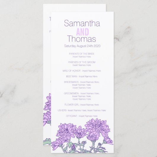 Lila Chrysanthemum-Hochzeitsprogramm Programm (Vorne/Hinten)