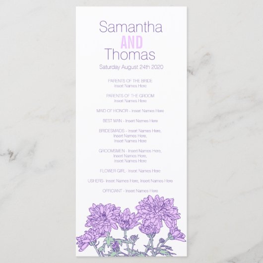 Lila Chrysanthemum-Hochzeitsprogramm Programm (Vorderseite)