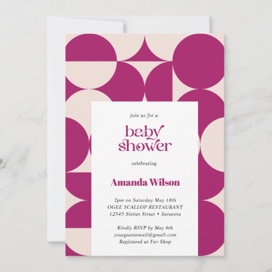 Lila Circle Scallop Mitte Jahrhundert Babydusche Einladung (Vorderseite)