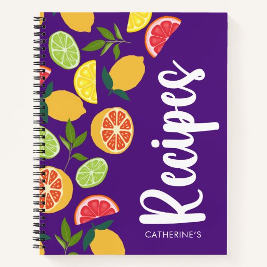 Lila Citrus Lemon Orange Muster Name Rezepte Notizblock (Vorderseite)