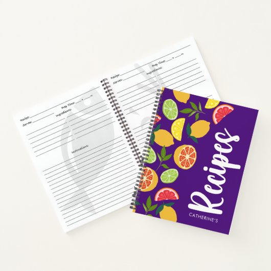 Lila Citrus Lemon Orange Muster Name Rezepte Notizblock (Innenseite)