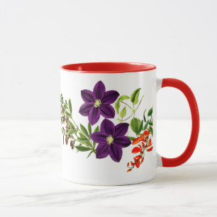 Lila Clematis Rote Blume und Grüne Kaffee Tasse