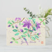 Lila ClematisWatercolor, der Washi Papier malt Einladung (Stehend Vorderseite)