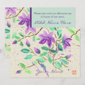 Lila ClematisWatercolor, der Washi Papier malt Einladung (Vorne/Hinten)