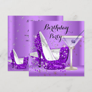 Lila Cocktail Glitter High Heels Geburtstagsfeier Einladung