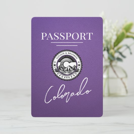 Lila Colorado Passport Save the Date (Stehend Vorderseite)