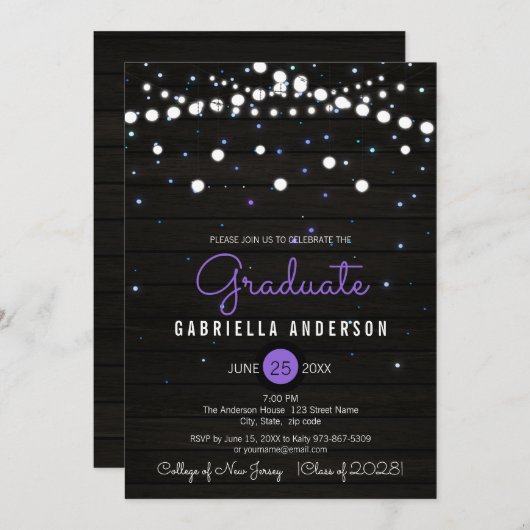 Lila Confetti Funkelnd Stars Abschluss Einladung (Vorne/Hinten)