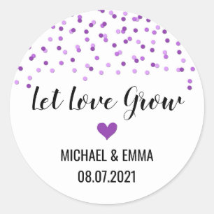 Lila Confetti Herz Lasse Liebe wachsen Runder Aufkleber