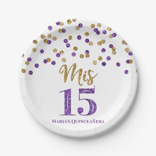 Lila Confetti Mis 15 Quinceanera Pappteller (Vorderseite)