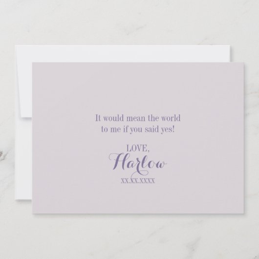 Lila Confetti wird mein Blumenmädchen sein Einladung (Rückseite)