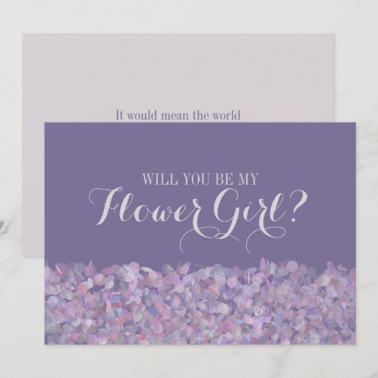 Lila Confetti wird mein Blumenmädchen sein Einladung (Vorne/Hinten)