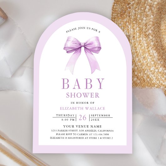 Lila Coquette Bow Arch QR Code Babydusche Einladung