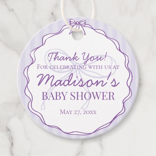 Lila Coquette Bow Lavendel Stripter Babydusche Geschenkanhänger (Vorderseite)