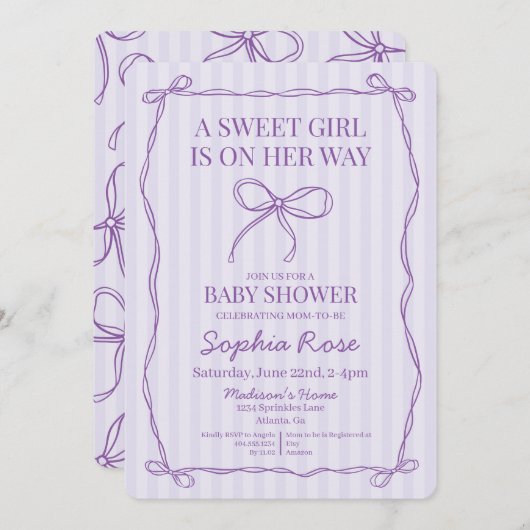Lila Coquette Bow Pastel Lavender Baby Dusche Einladung (Vorne/Hinten)