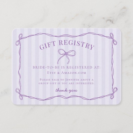 Lila Coquette Bow Pastell Brautparty Registrierung Begleitkarte (Vorderseite)