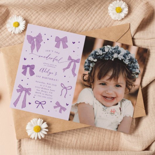 Lila Coquette Bows ONEderful Birthday Foto Einladung