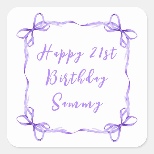 Lila Coquette Ribbon Happy Birthday Quadratischer Aufkleber (Vorderseite)