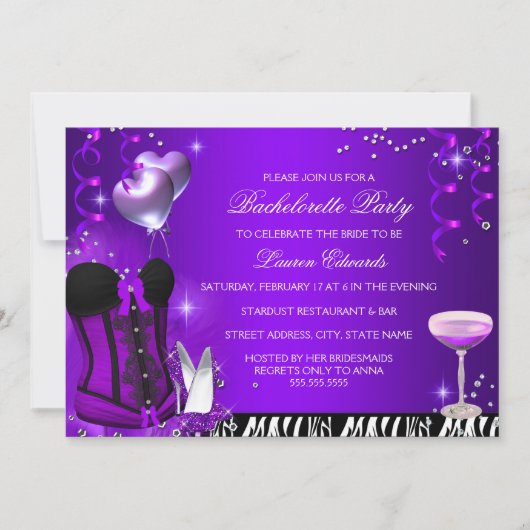 Lila Corset Zebra Junggeselinnen-Abschied Invite Einladung (Vorderseite)