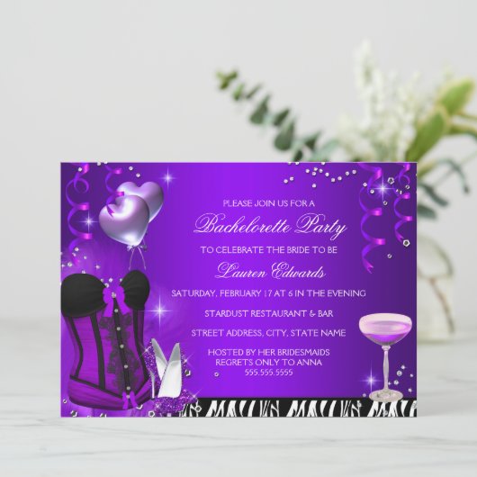 Lila Corset Zebra Junggeselinnen-Abschied Invite Einladung (Stehend Vorderseite)