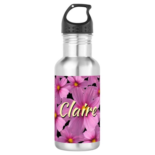 Lila Cosmos-Blume-Design auf schwarzem Hintergrund Edelstahlflasche (Vorderseite)
