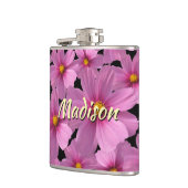 Lila Cosmos-Blume-Design auf schwarzem Hintergrund Flachmann (Links)