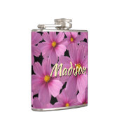 Lila Cosmos-Blume-Design auf schwarzem Hintergrund Flachmann (Rechts)