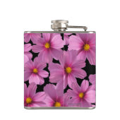 Lila Cosmos-Blume-Design auf schwarzem Hintergrund Flachmann (Rückseite)