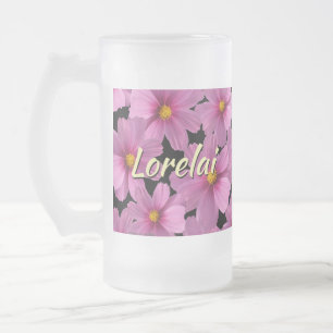 Lila Cosmos-Blume-Design auf schwarzem Hintergrund Mattglas Bierglas