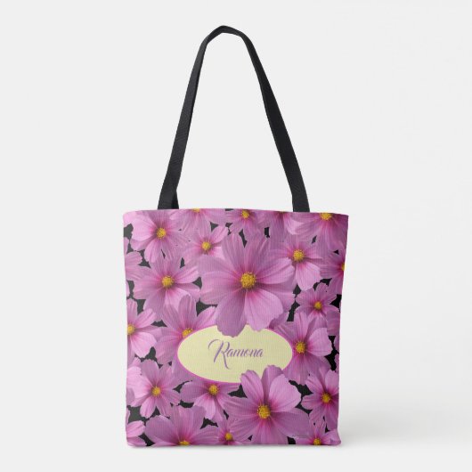 Lila Cosmos-Blume-Design auf schwarzem Hintergrund Tasche (Rückseite)