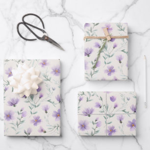 Lila Cottagecore Wildblumen Botanischer Druck Geschenkpapier Set