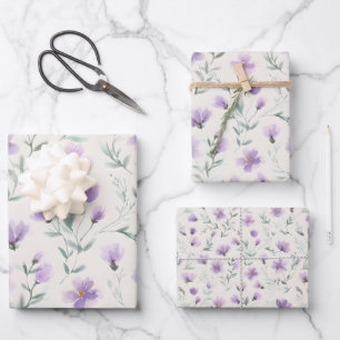Lila Cottagecore Wildblumen in drei Größen im Bund Geschenkpapier Set