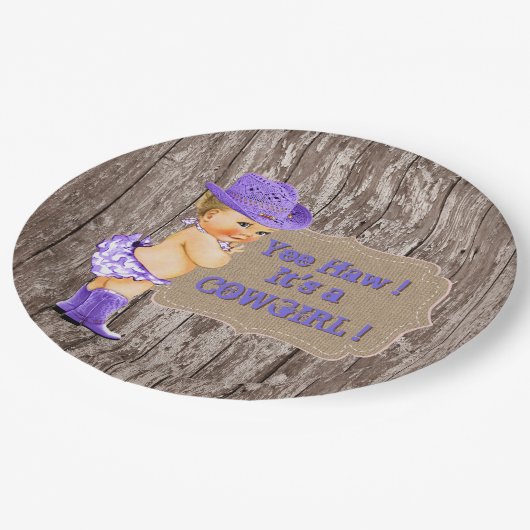 Lila Cowgirl Babydusche Pappteller (Schrägansicht)