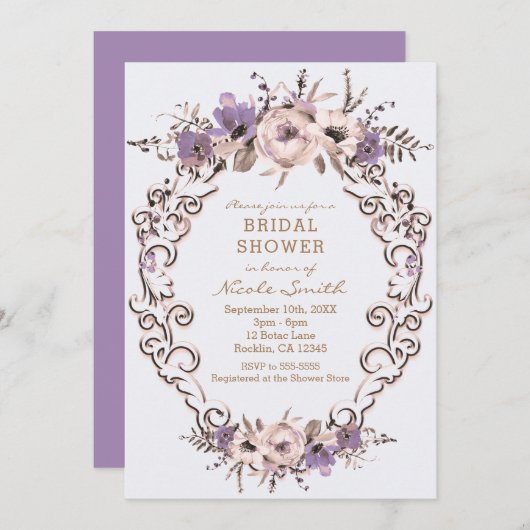 Lila Creme Botanisches Brautparty Einladung (Vorne/Hinten)