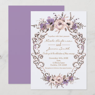 Lila Creme Elegante Botanische Blumige Hochzeit Einladung