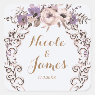 Lila Creme Elegante Botanische Florale Hochzeit Quadratischer Aufkleber