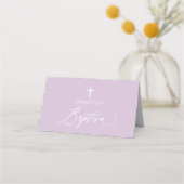 Lila Cross Girl-Taufe Falte Platzkarte (Rückseite)