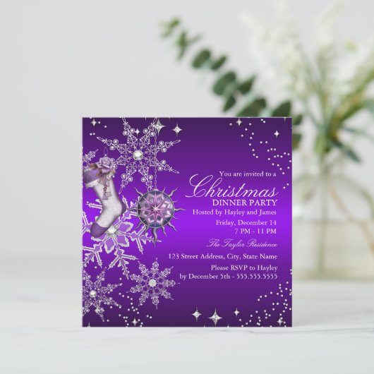 Lila Crystal Snowflake Weihnachtsabend Party 3 Einladung (Stehend Vorderseite)