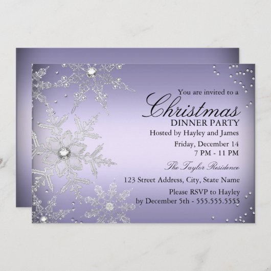 Lila Crystal Snowflake Weihnachtsessen Party Einladung (Vorne/Hinten)