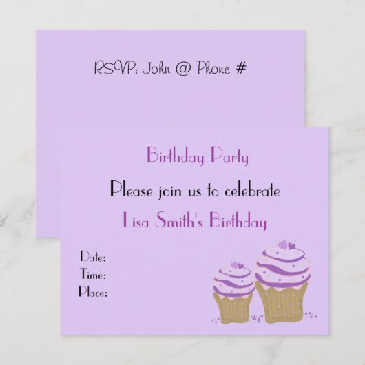 Lila Cupcake Geburtstagsparty Einladung (Vorne/Hinten)