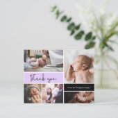 Lila Custom Baby Taufe Danke Foto Collage Postkarte (Stehend Vorderseite)