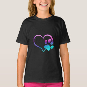 Lila Cyan Hundepfotenabdruck Herz T-Shirt