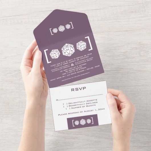 Lila D20-Würfel - alles in einer Hochzeit All In One Einladung (Abreißen)