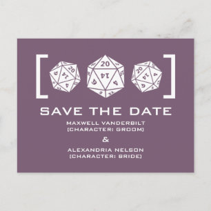 Lila D20-Würfel Save the Date Postkarte