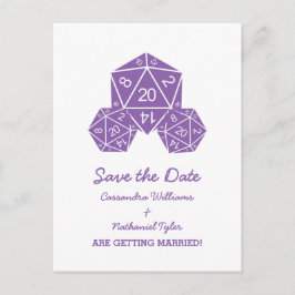 Lila D20 Würfel Save the Date Postkarte