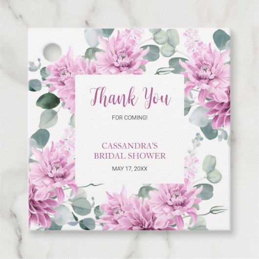 Lila Dahlia Eukalyptus Botanisches Brautparty Geschenkanhänger (Vorderseite)