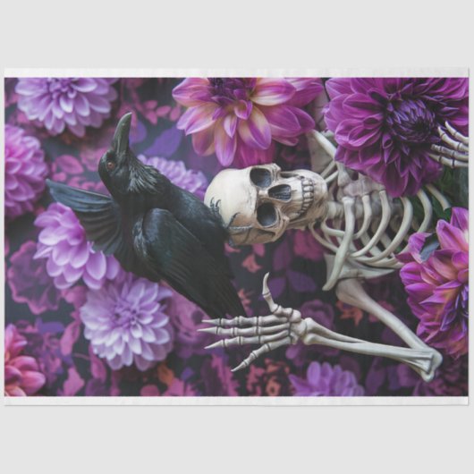 Lila Dahlia Gothic Skeleton Skull Decoupage Seidenpapier (Vorderseite)