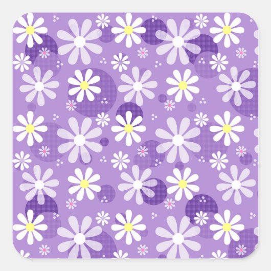 Lila Daisies und Gingham Polka Dots Quadratischer Aufkleber (Vorderseite)