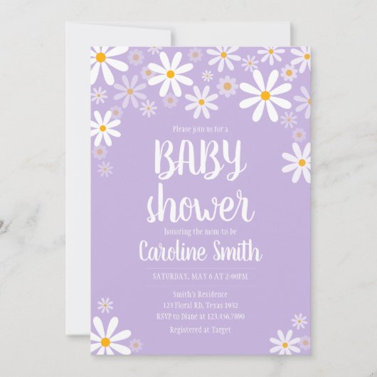 Lila Daisy Baby Dusche Einladung (Vorderseite)